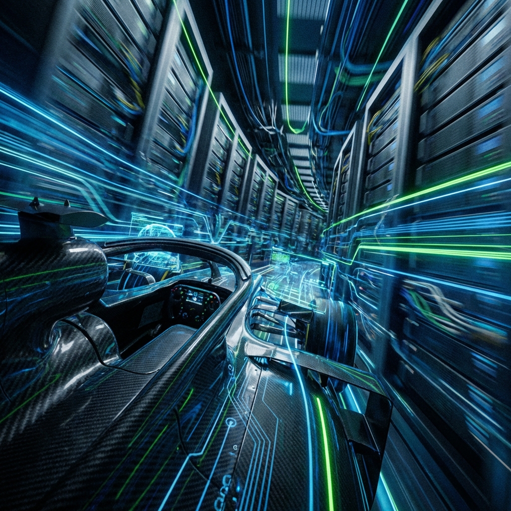 Race car in a motion-blurred server corridor