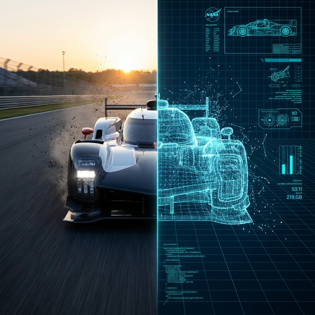 Race car half physical, half digital wireframe